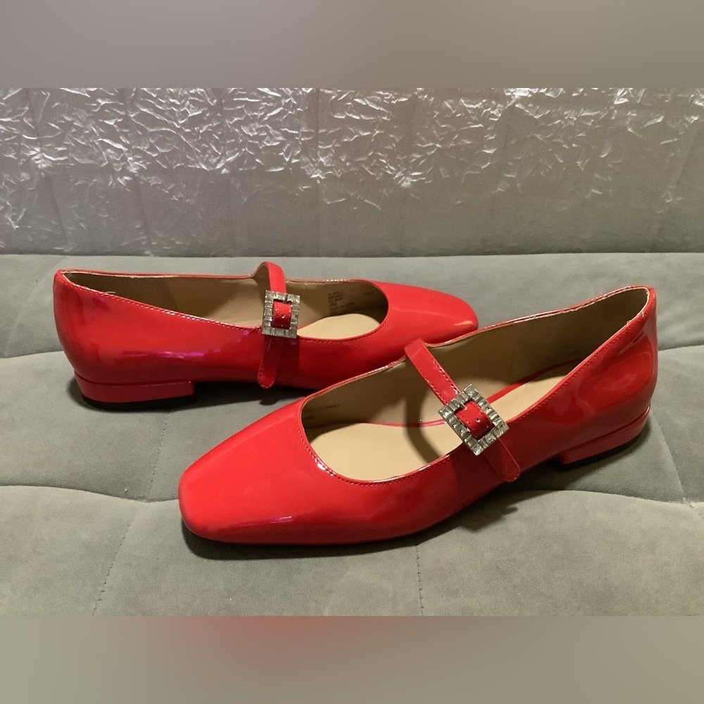 On 34th Red Saadet Rhinestone Buckle Mary Fane Flats Size 7